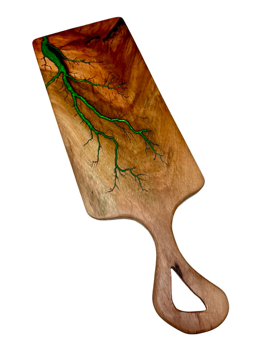 Wooden charcuterie board with green inlay on a white background , made by fractal flow designs australian resin boards