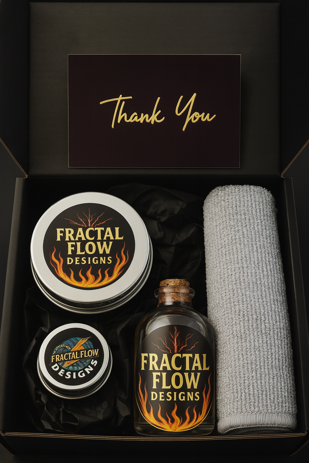 resin board care kit by Fractal Flow Designs including wax, oil, cleaning cloth and thank you note – ideal for grazing platters and cheese boards