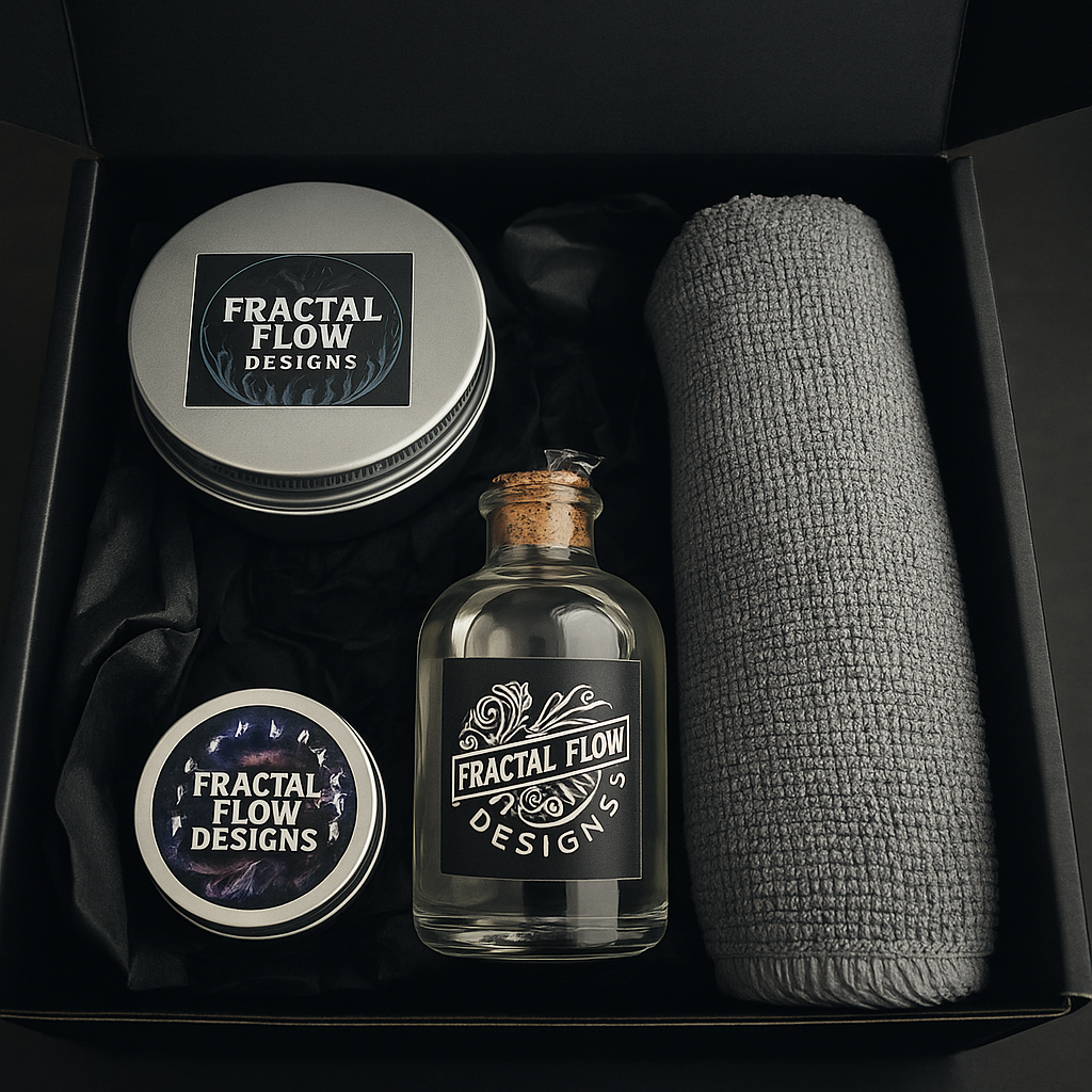 Inside view of Fractal Flow Designs care kit gift box – includes food-safe board wax, conditioning oil, and soft polishing cloth – perfect for maintaining resin and timber boards, Australian-made