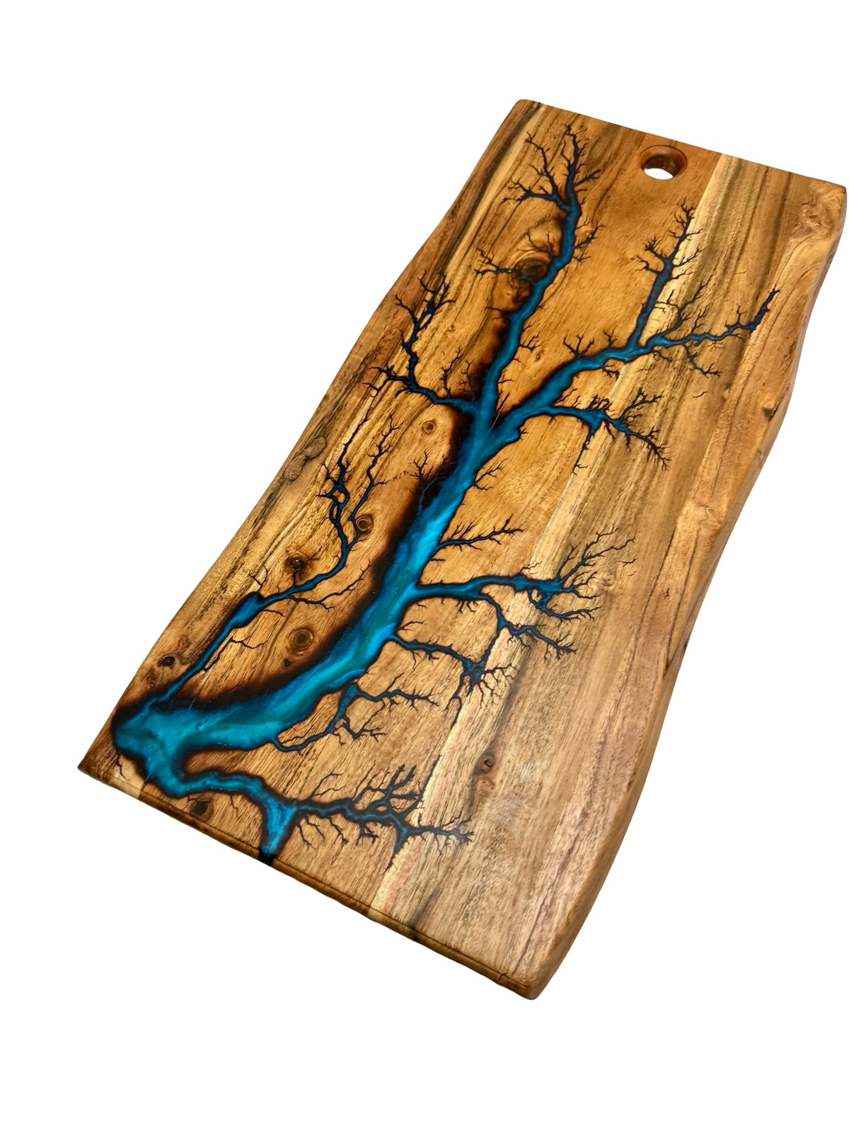 Premium live edge grazing board with vibrant turquoise resin inlay and lightning fractal burn design across natural timber, Fractal Flow Designs