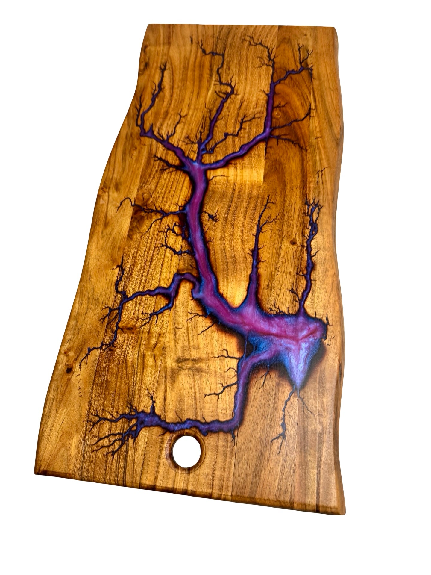 Purple resin live edge serving board crafted from natural timber with fractal lightning burn artwork, handmade charcuterie board East Gippsland Australia, Fractal Flow Designs