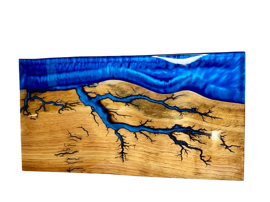 Premium River Resin Board with Fractal Burning Art Australia | Sapphire Blue