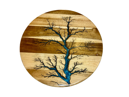 wooden lazy susan with fractal burning art with bluw resin inlayed into pattern , great housewarming present , australia wide shipping available