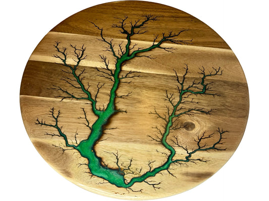Acacia Lazy Susan made in Australia by fractal flow designs featuring art created with electricity inlayed with green resin