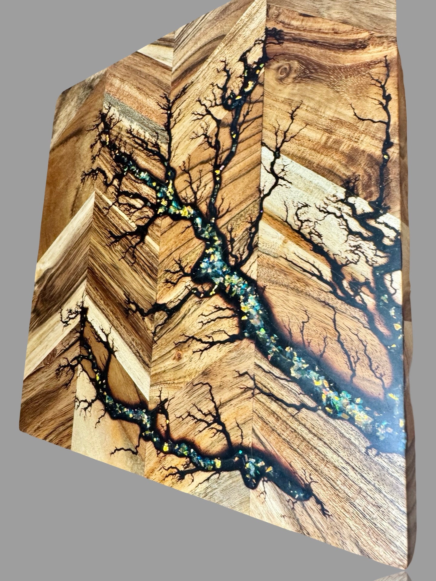 Resin chopping board handcrafted in Australia, premium timber with unique fractal burning electric art design