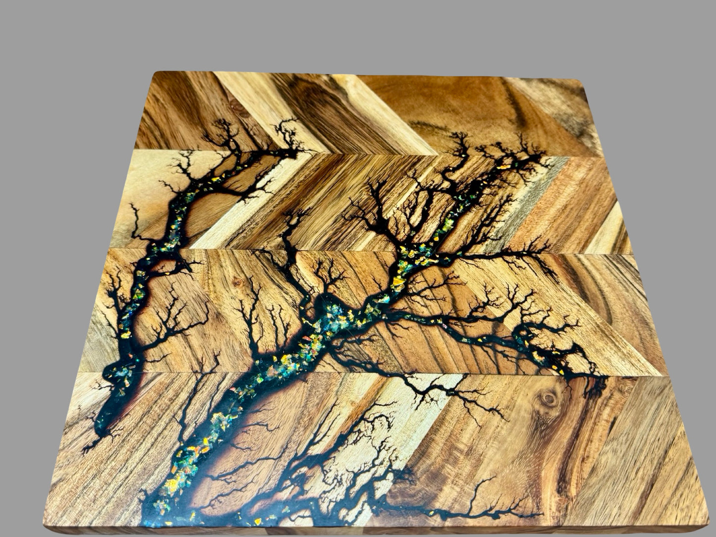 Australian timber chopping board with resin accents and fractal burning, artisan kitchen gift by Fractal Flow Designs