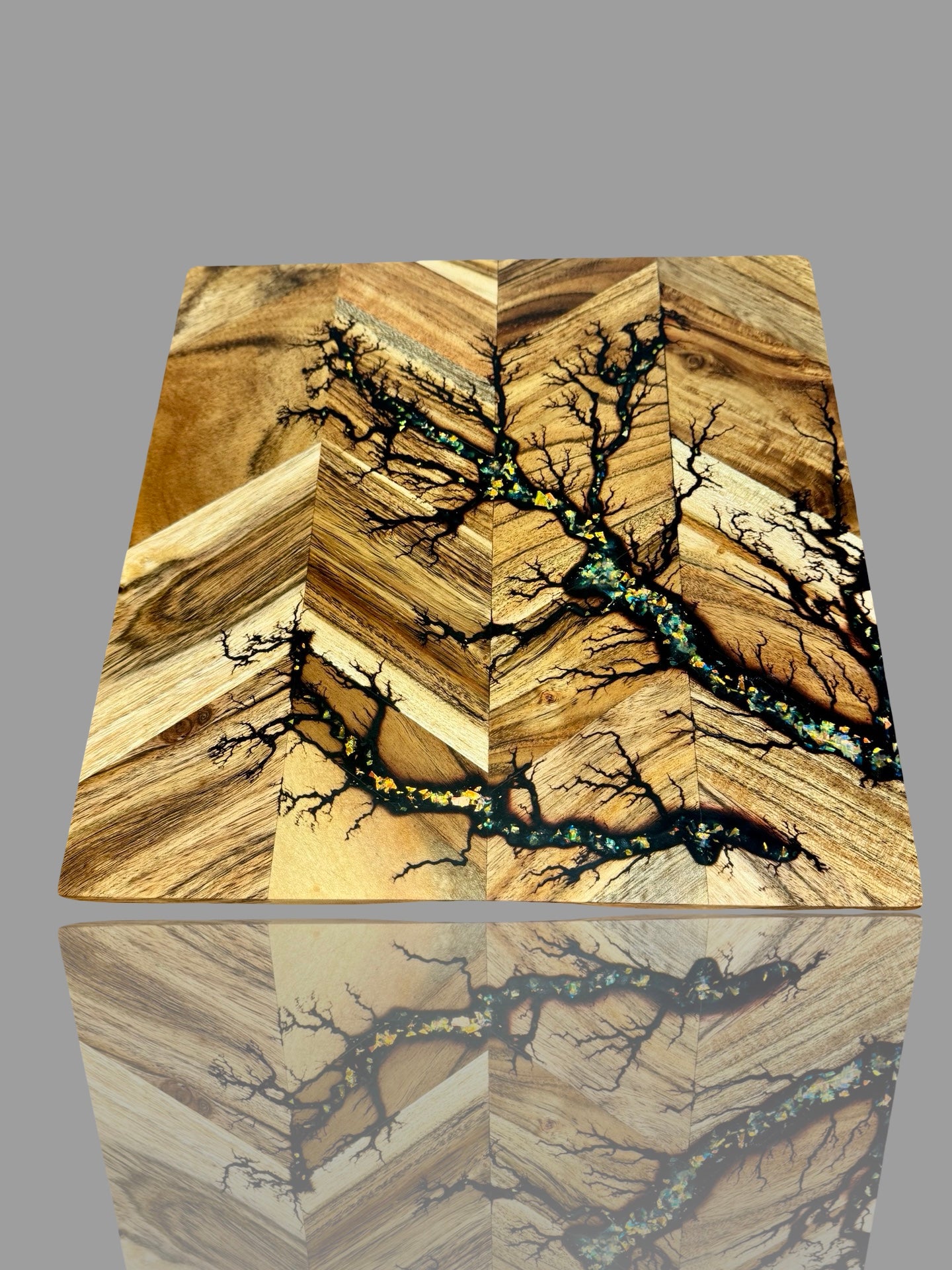 Handmade resin chopping board Victoria, artisanal timber board with unique fractal burn design, premium home decor