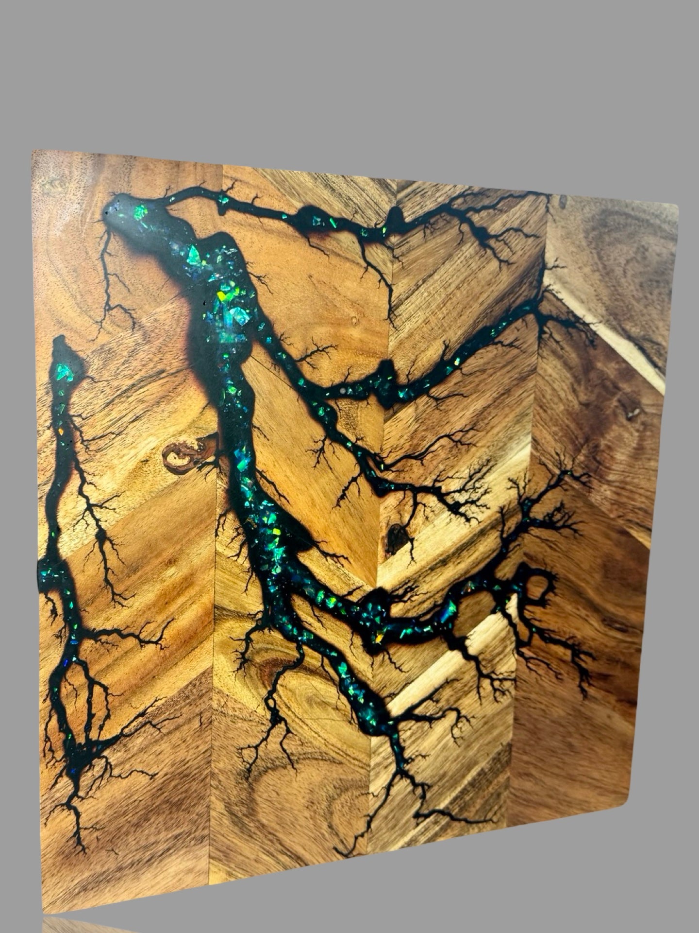 Electrifying fractal burnt resin chopping board, handcrafted in Bairnsdale Victoria, artisan timber kitchen art