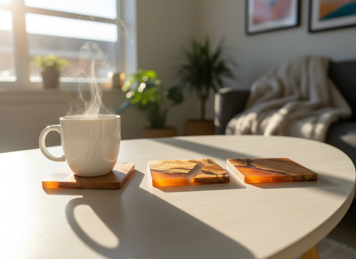 Front right view of Australian Resin and Timber coasters by Fractal Flow Designs – handcrafted wood with Premium Resin , Luxury Home-wares and corporate-gift ideas