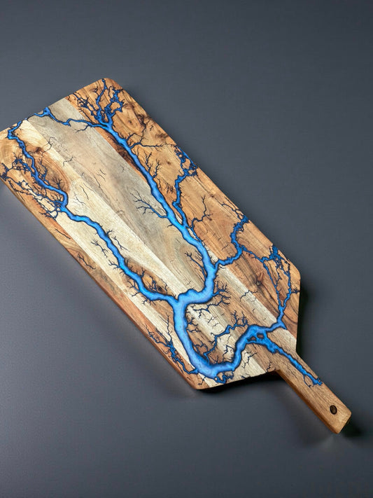 Handcrafted large paddle board 740 x 300mm iridescent blue resin art grazing and charcuterie board Australia