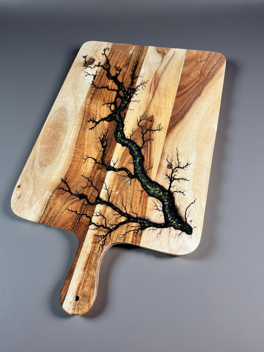 Australian resin paddle board featuring gold sparkle resin art and electric fractal patterns East Gippsland made