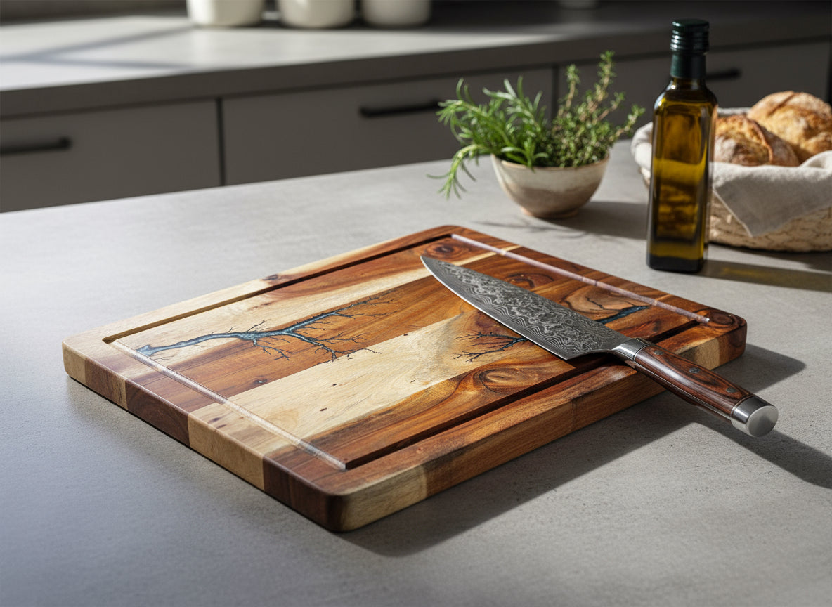 Handcrafted resin cutting board made in Victoria by Fractal Flow Designs — food-safe and uniquely artistic