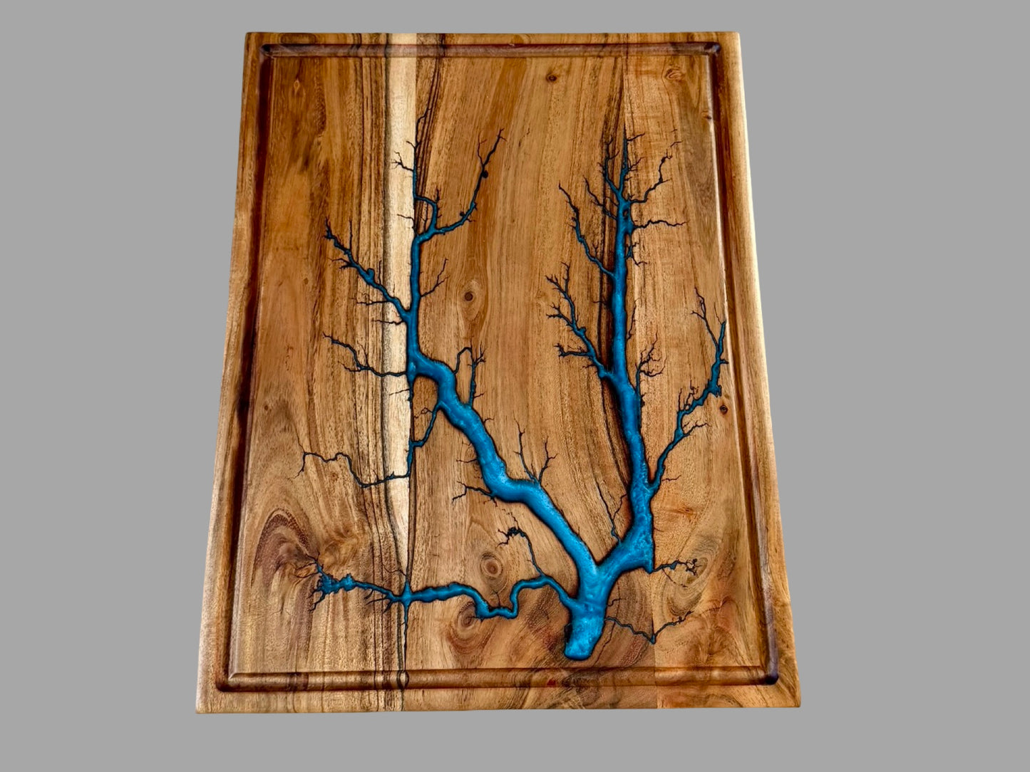 Premium large acacia chopping board with electric sky blue resin inlay, handcrafted fractal wood burning, Australian made luxury kitchen board for cooking and entertaining