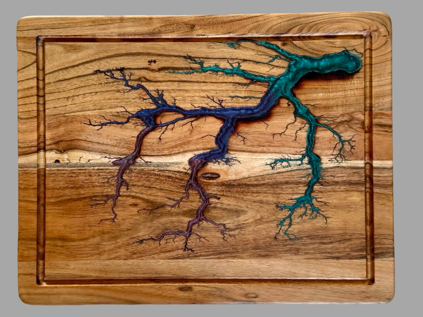 Luxury large acacia chopping board with flowing blue, green and purple resin design, detailed fractal burning and premium Australian craftsmanship for kitchens and entertaining