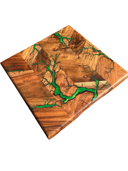Green resin serving board Australian timber chopping board East Gippsland handmade cheese board Fractal Flow Designs