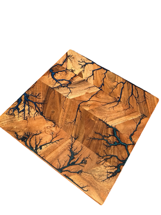 Herringbone timber chopping board with dark blue resin handmade Australia East Gippsland cheese board Fractal Flow Designs