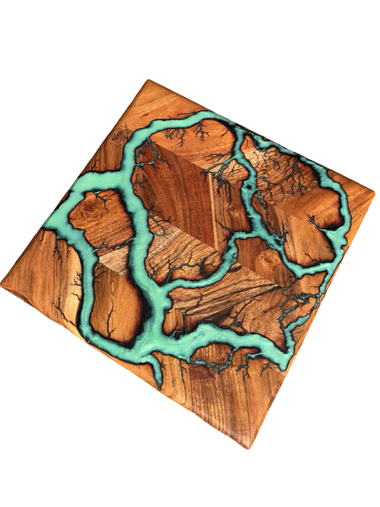 Green iridescent resin cutting board Australia handcrafted timber carving board East Gippsland Fractal Flow Designs