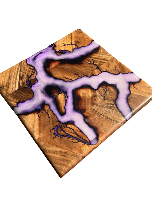 Purple iridescent resin chopping board square handmade in East Gippsland Australia by Fractal Flow Designs Australian timber