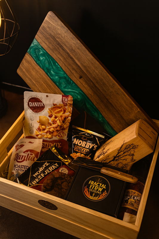 Australian resin serving board hamper with nuts, chocolate, jerky, and timber care kit – perfect gourmet gift idea