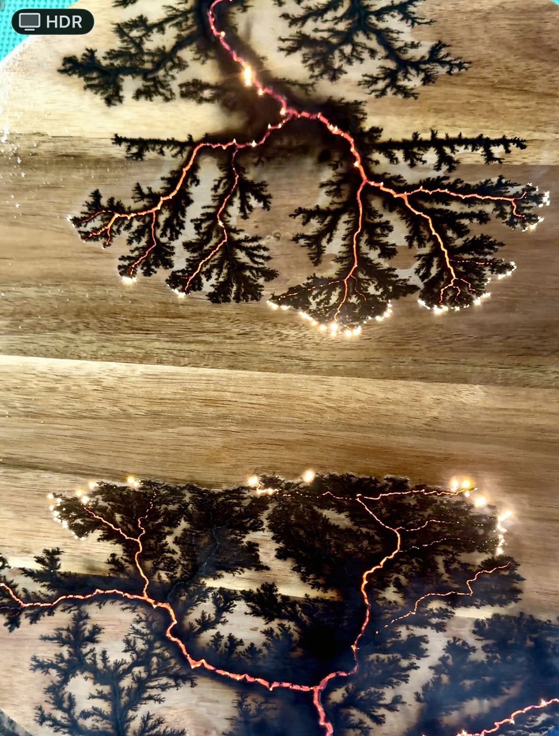 Close-up of handcrafted fractal burning on Australian timber board by Fractal Flow Designs, Bairnsdale Victoria – unique lightning pattern created with high-voltage electricity