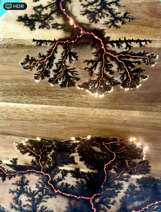 Close-up of handcrafted fractal burning on Australian timber board by Fractal Flow Designs, Bairnsdale Victoria – unique lightning pattern created with high-voltage electricity