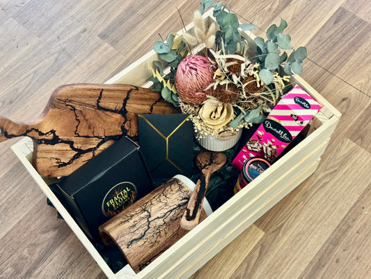 Luxury resin cheese board gift box with gourmet treats for weddings and housewarmings – handmade in Victoria, Australia