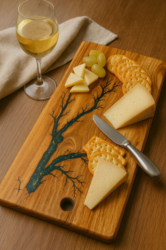 Handcrafted wooden resin paddle board with fractal burning design, styled with white wine, assorted cheeses, crackers, and red grapes on a polished timber table – Australian-made serving board by Fractal Flow Designs.