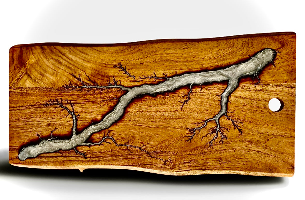 Live edge serving board handcrafted from sustainable acacia timber with electrifying resin art by Fractal Flow Designs – Eco-conscious, Australian-made showpiece from Bairnsdale gift shop. Ideal for weddings, anniversaries, and modern home styling
