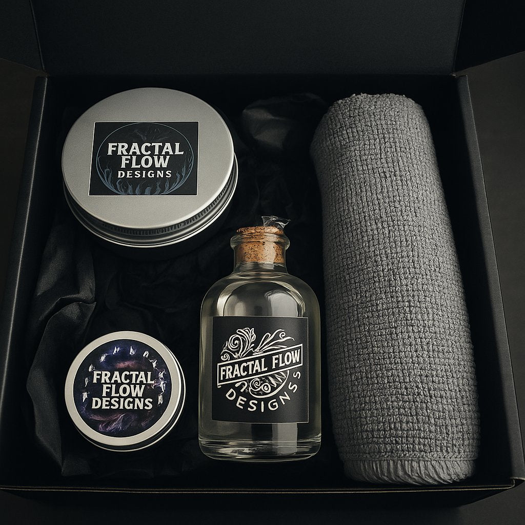 Board care gift kit from Fractal Flow Designs – Includes food-safe wax, oil, and cloth for maintaining resin and timber boards. Ideal add-on for gifting chopping, serving, and grazing boards. Australian-made, Bairnsdale gift shop essential.