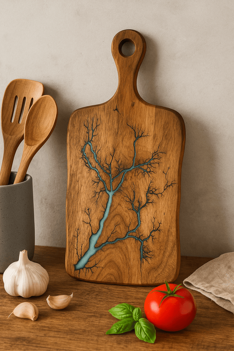 Cheese boards collection by Fractal Flow Designs – handcrafted from premium Australian hardwood with resin inlays and fractal burning. Artisan serving and grazing boards for cheese platters, charcuterie, and wine nights. Made in Bairnsdale Victoria.