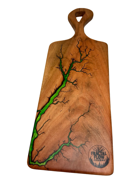 Wooden cutting board with green interior and 'Fractal Flow Designs' logo. Australian made