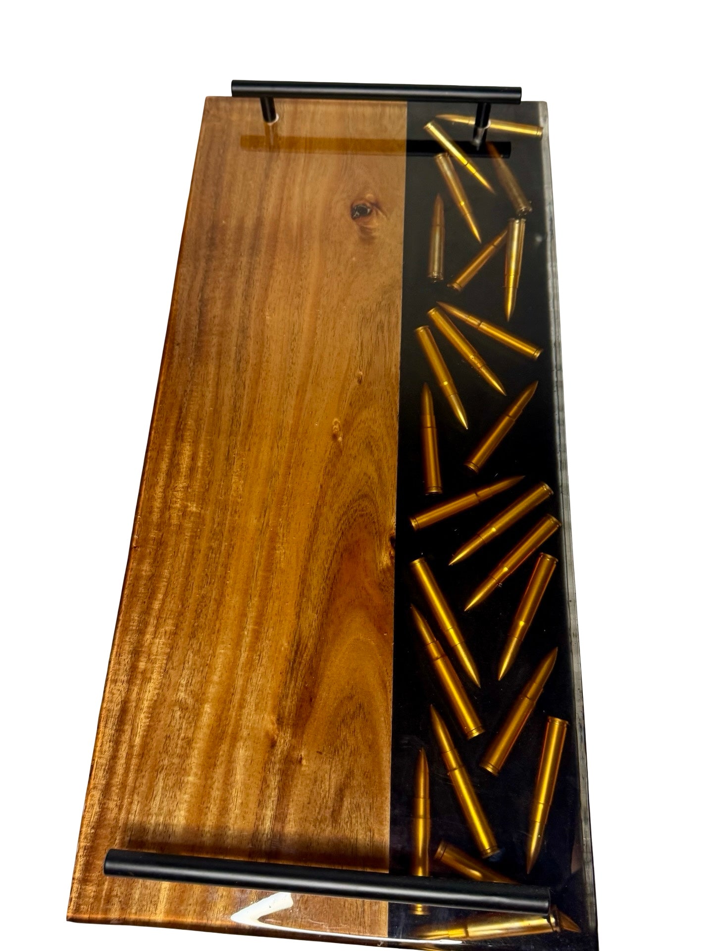 unique resin board made in australia with australian blackwood and resin with bullets inlayed perfect for special occasions or gifting