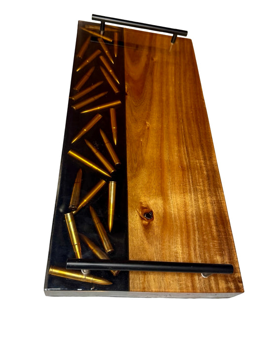 high quality resin board with bullets inlayed in resin perfect for entertaining , large sized with black metal handles, made in australia with blackwood timber