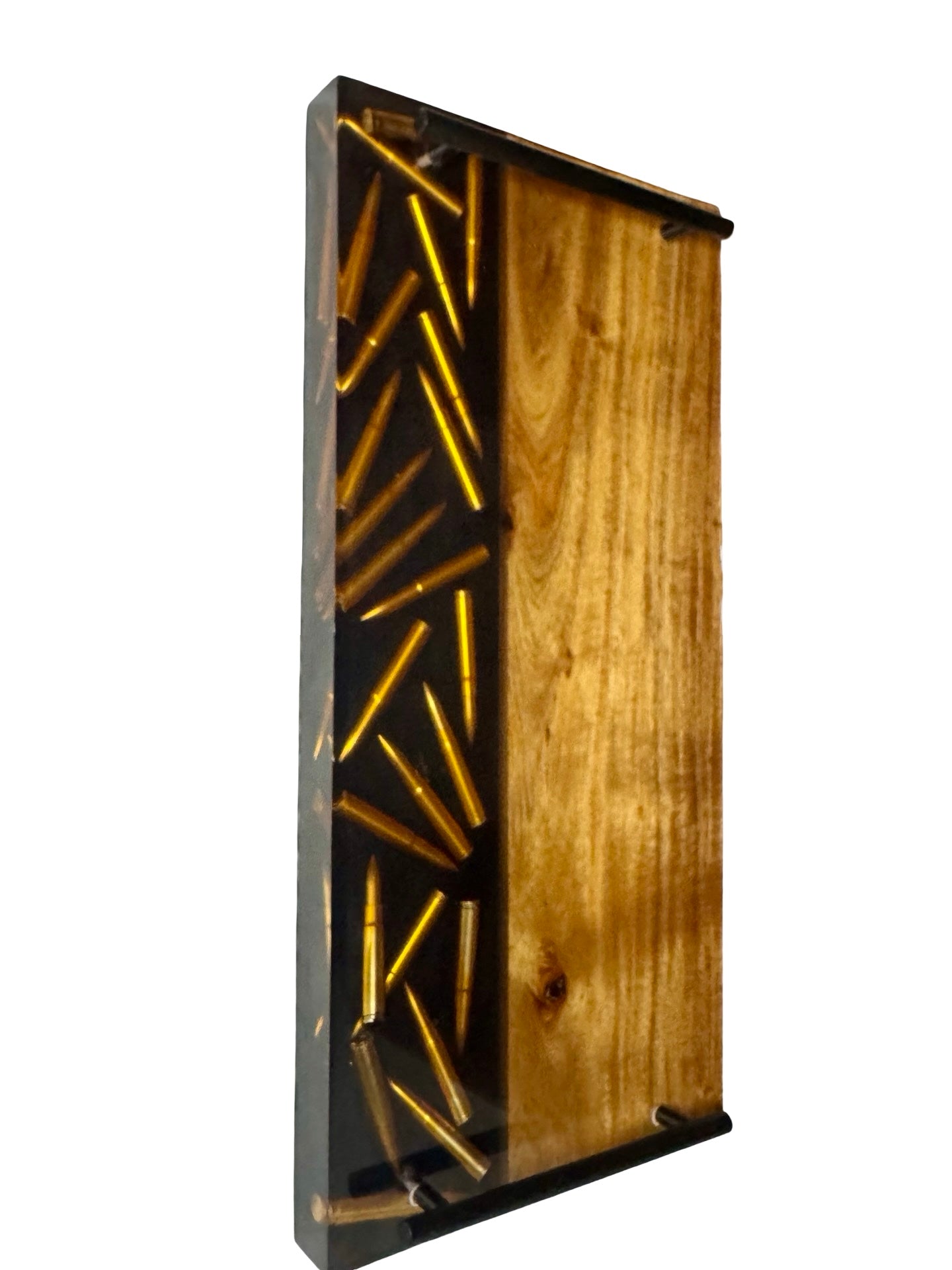 blackwood and black resin serving board with black metal handles and bullets inlayed into resin made in australia by fractal flow designs
