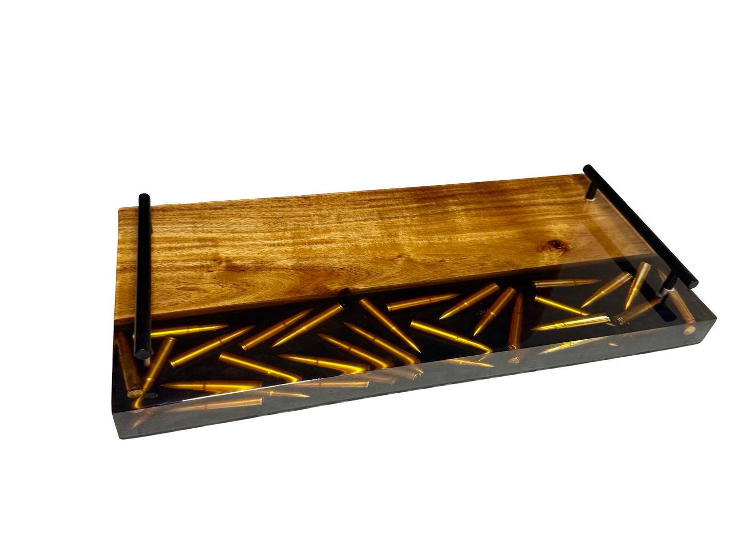 extra large charcuterie board made from blackwood timber with black resin and bullets inlayed , 600mm x 300mm x 40mm