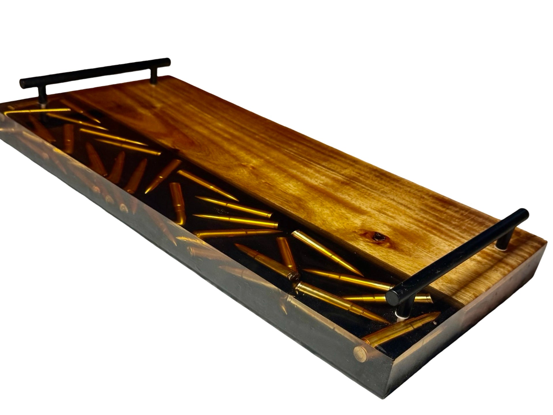 premium resin grazing board with bullets inlayed on top of black resin with blackwood timber and back metal handles , large size 600mm x 300mm x 40mm