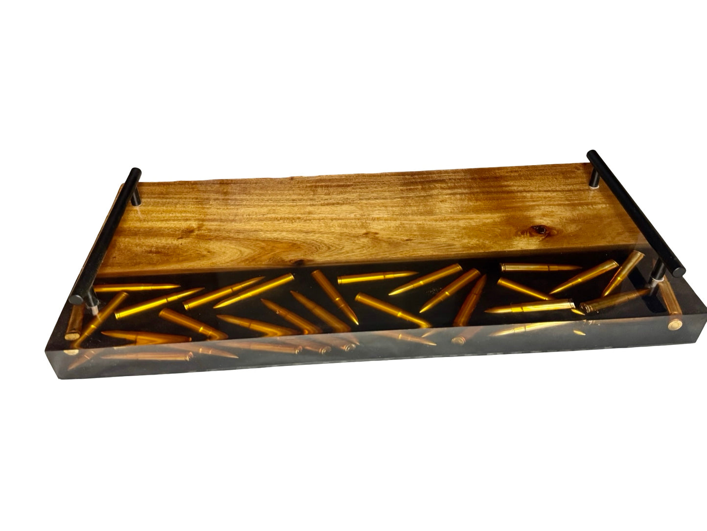 handmade resin board with bullets inlayed into resin with black under tone and blackwood timber, heavy duty perfect for dinner parties