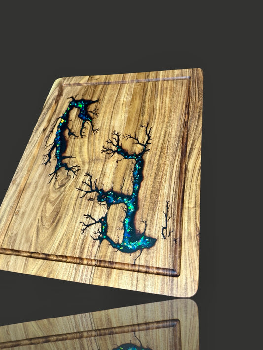 Luxury resin chopping board with holographic opal effects Australian timber serving platter