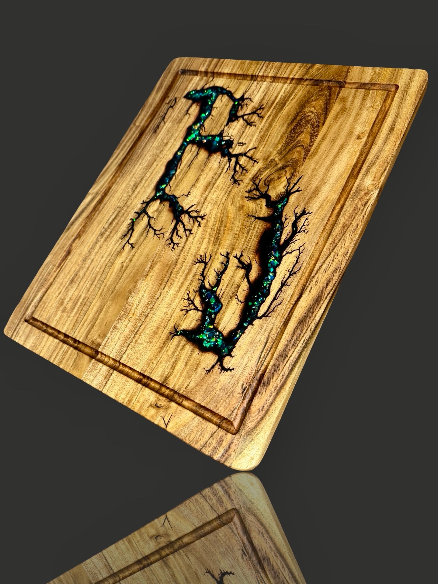 Limited edition resin chopping board with opal glow Australian serving board design