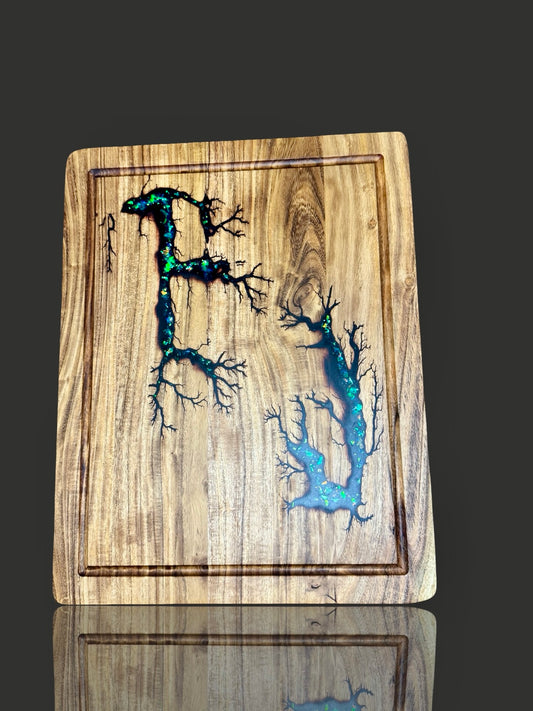 Premium opal resin chopping board handmade in Bairnsdale Victoria by Fractal Flow Designs