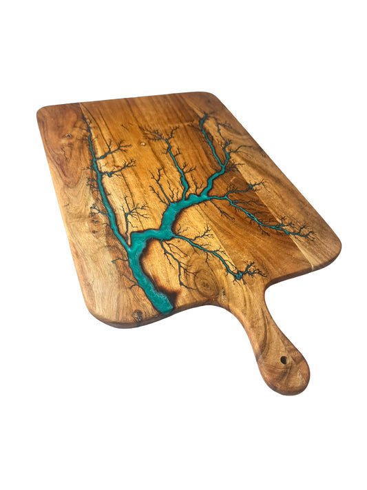 green resin art work made in australia by fractal flow designs, large serving paddle bard acacia timber making a perfect cheese board or gift