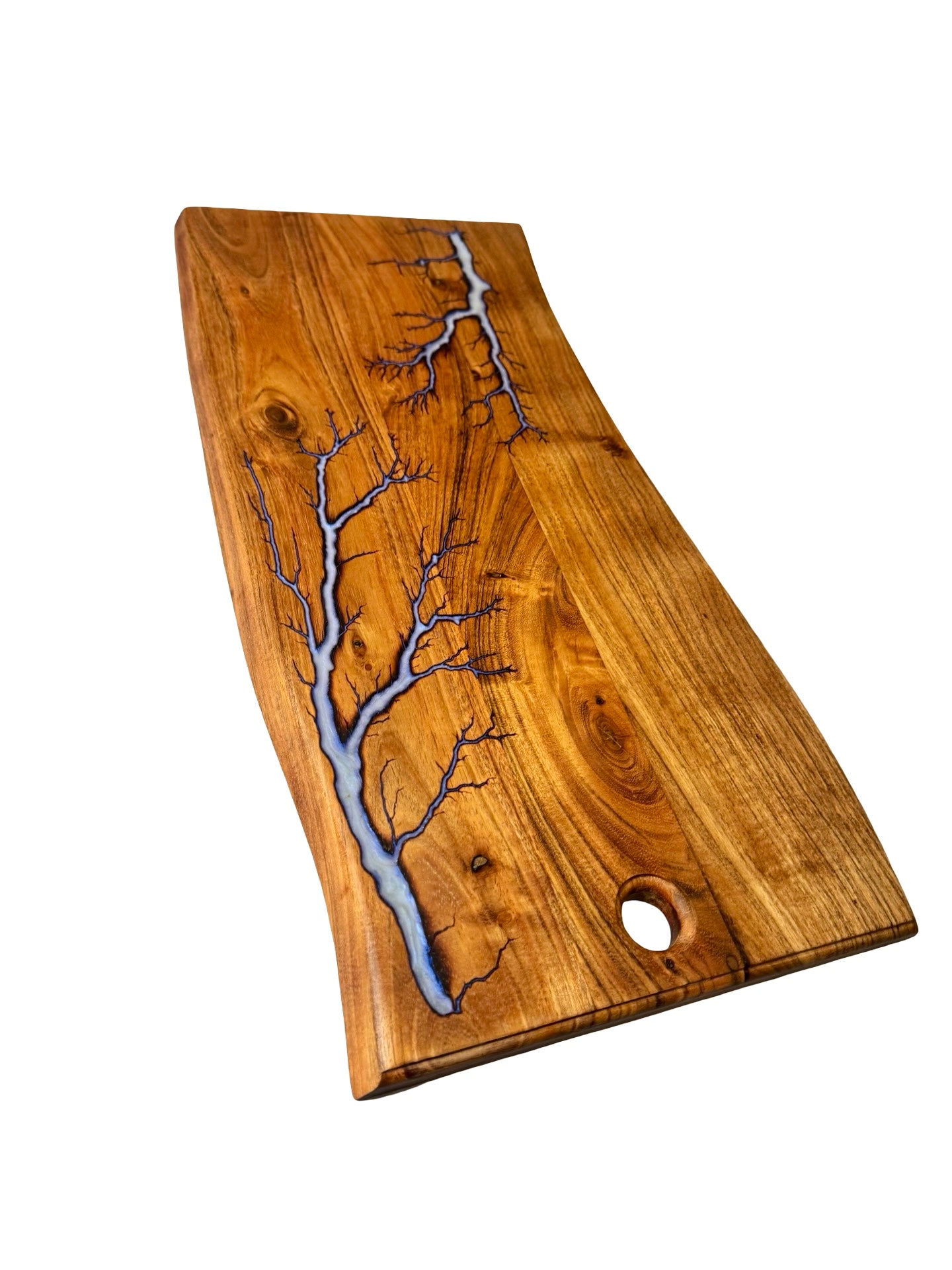Live edge timber charcuterie board with shimmering iridescent blue resin river and organic fractal burning pattern, artisan resin boards Australia, Fractal Flow Designs