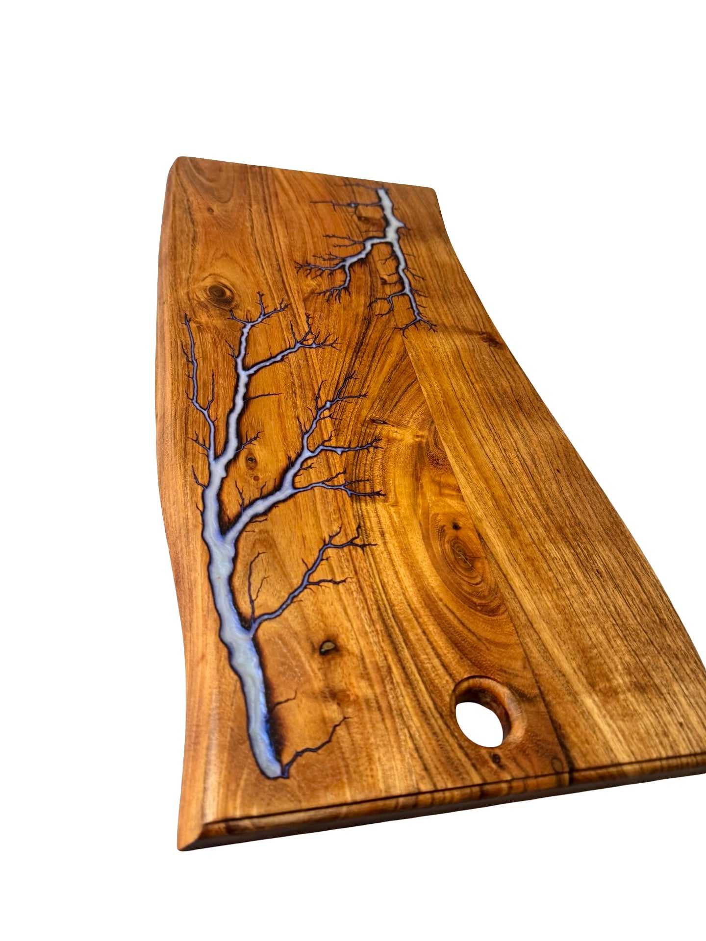 Handcrafted live edge grazing board featuring iridescent blue resin flowing through fractal burned timber grain, East Gippsland Australia, Fractal Flow Designs