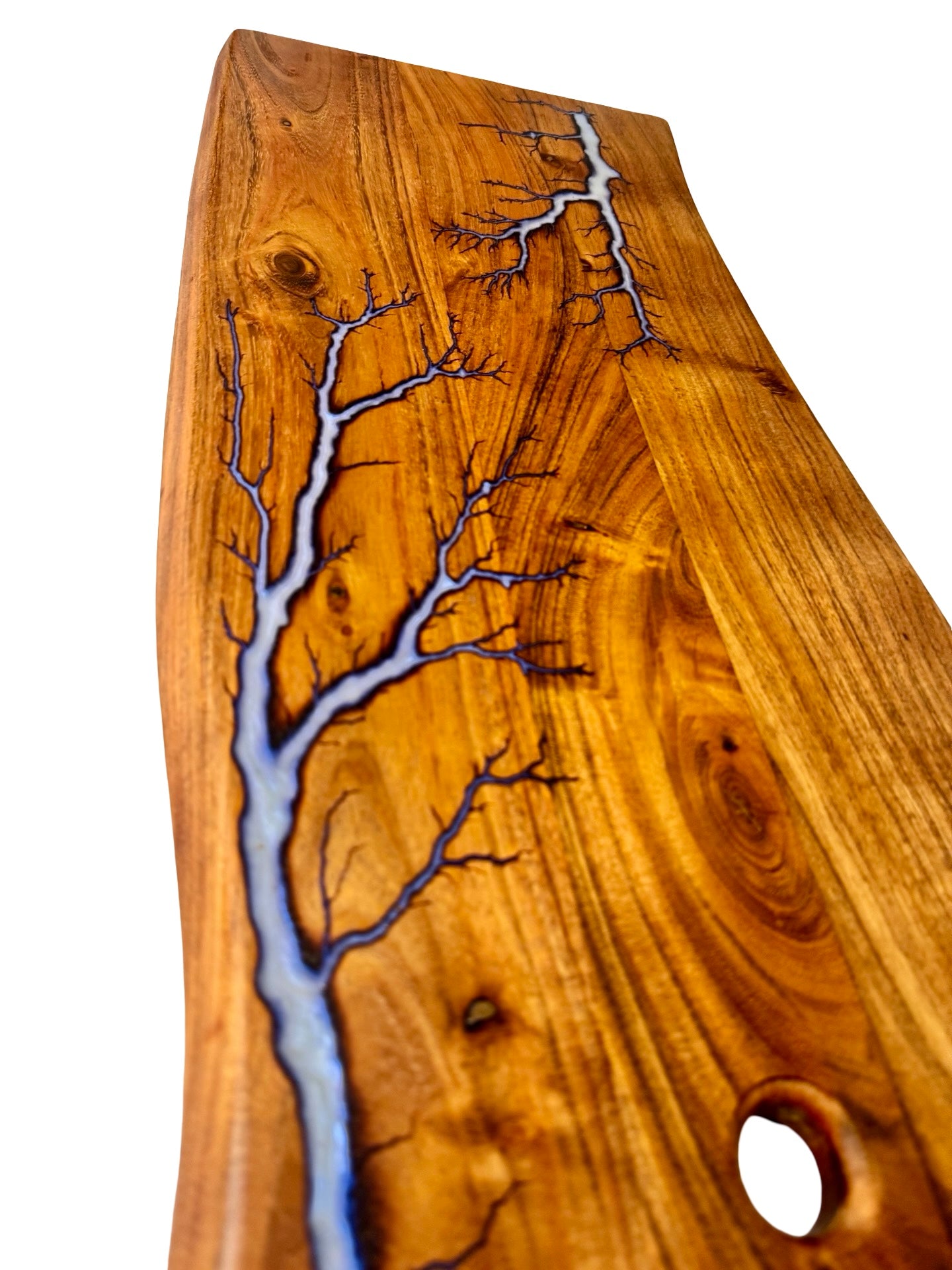 Iridescent blue resin live edge serving board crafted from natural timber with fractal lightning burn artwork, handmade charcuterie board East Gippsland Australia, Fractal Flow Designs