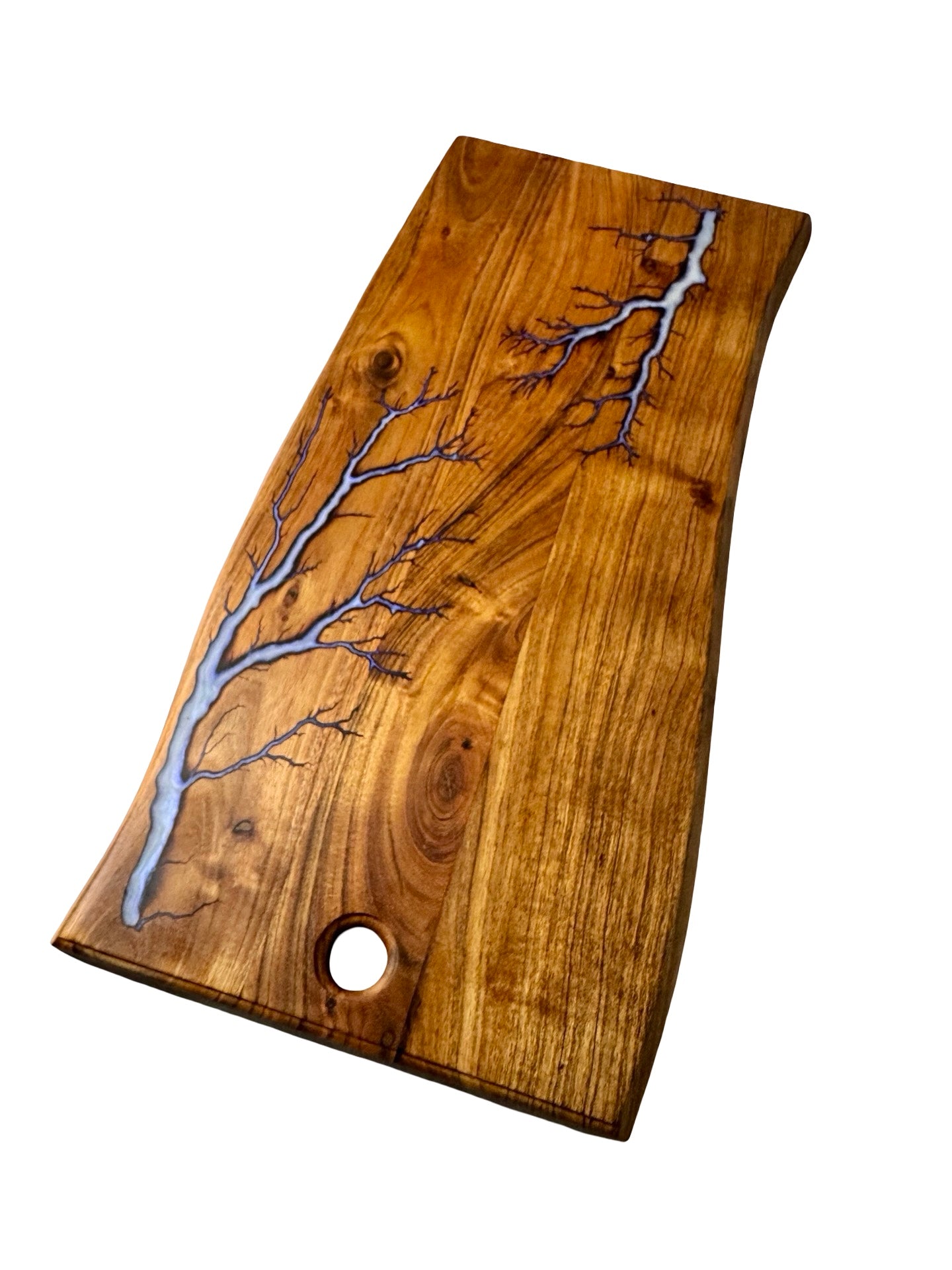 Natural timber live edge serving board with iridescent blue resin art and lightning fractal burn design, premium resin boards Australia, Fractal Flow Designs