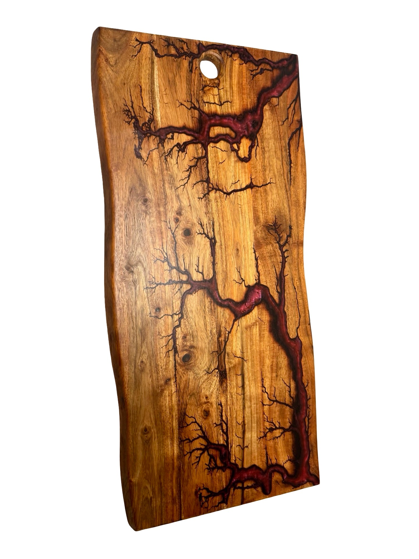 lie edge charcuterie board with red resin inlayed after a fractal burn process , australian resin boards , fractal flow designs