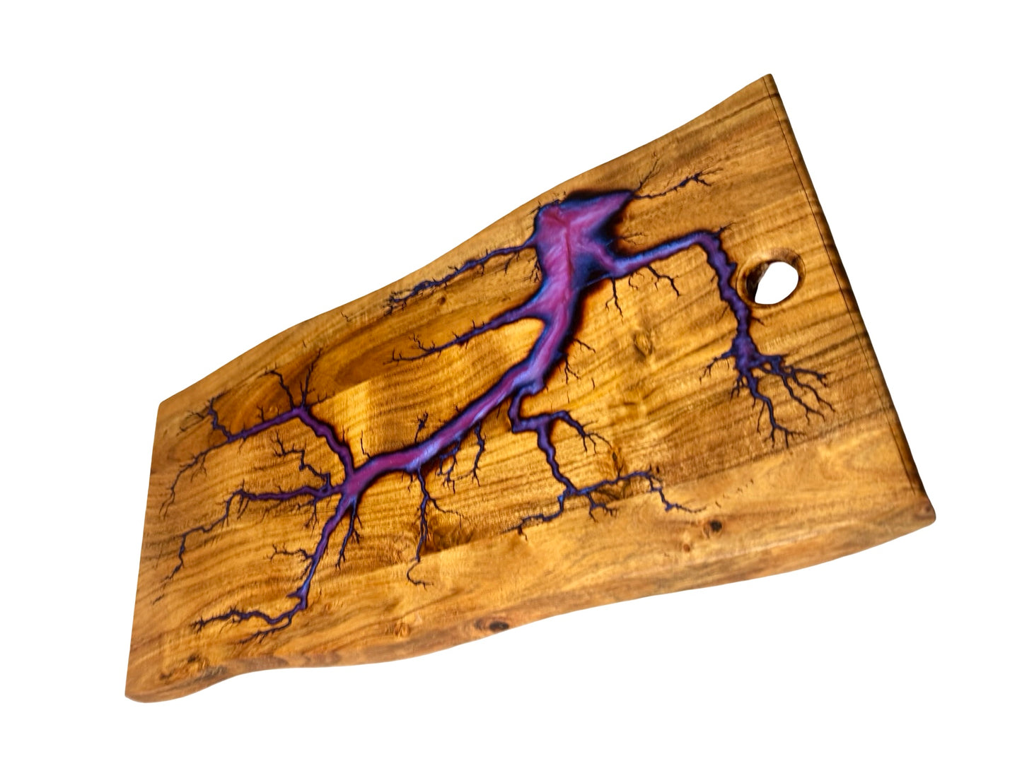Live edge timber charcuterie board with vibrant purple resin river and organic fractal burning pattern, artisan resin boards Australia, Fractal Flow Designs