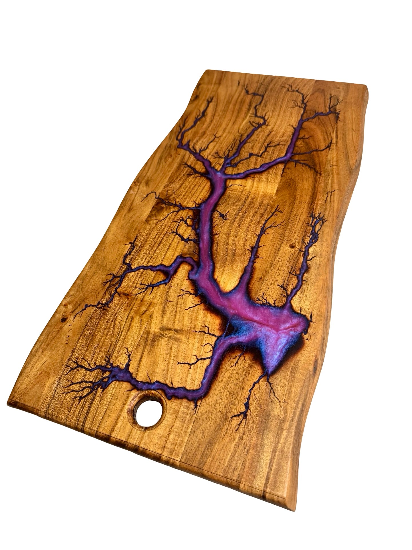 Natural timber live edge platter with purple resin inlay and lightning fractal burn design across the grain, premium serving board Australia, Fractal Flow Designs