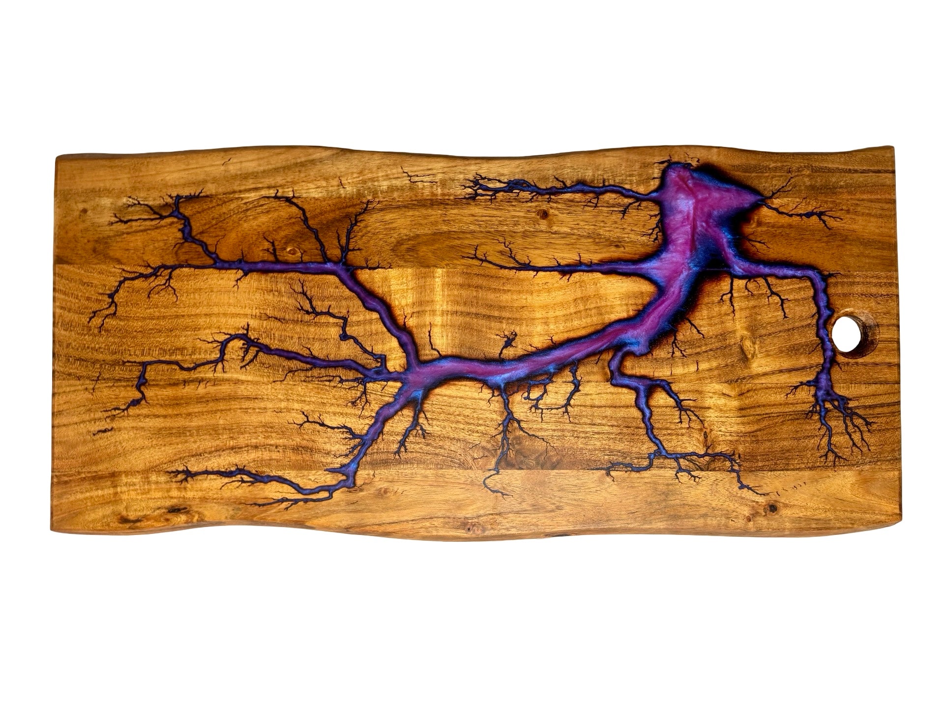 Handcrafted live edge grazing board featuring deep purple resin flowing through fractal burned timber grain, East Gippsland Australia, Fractal Flow Designs