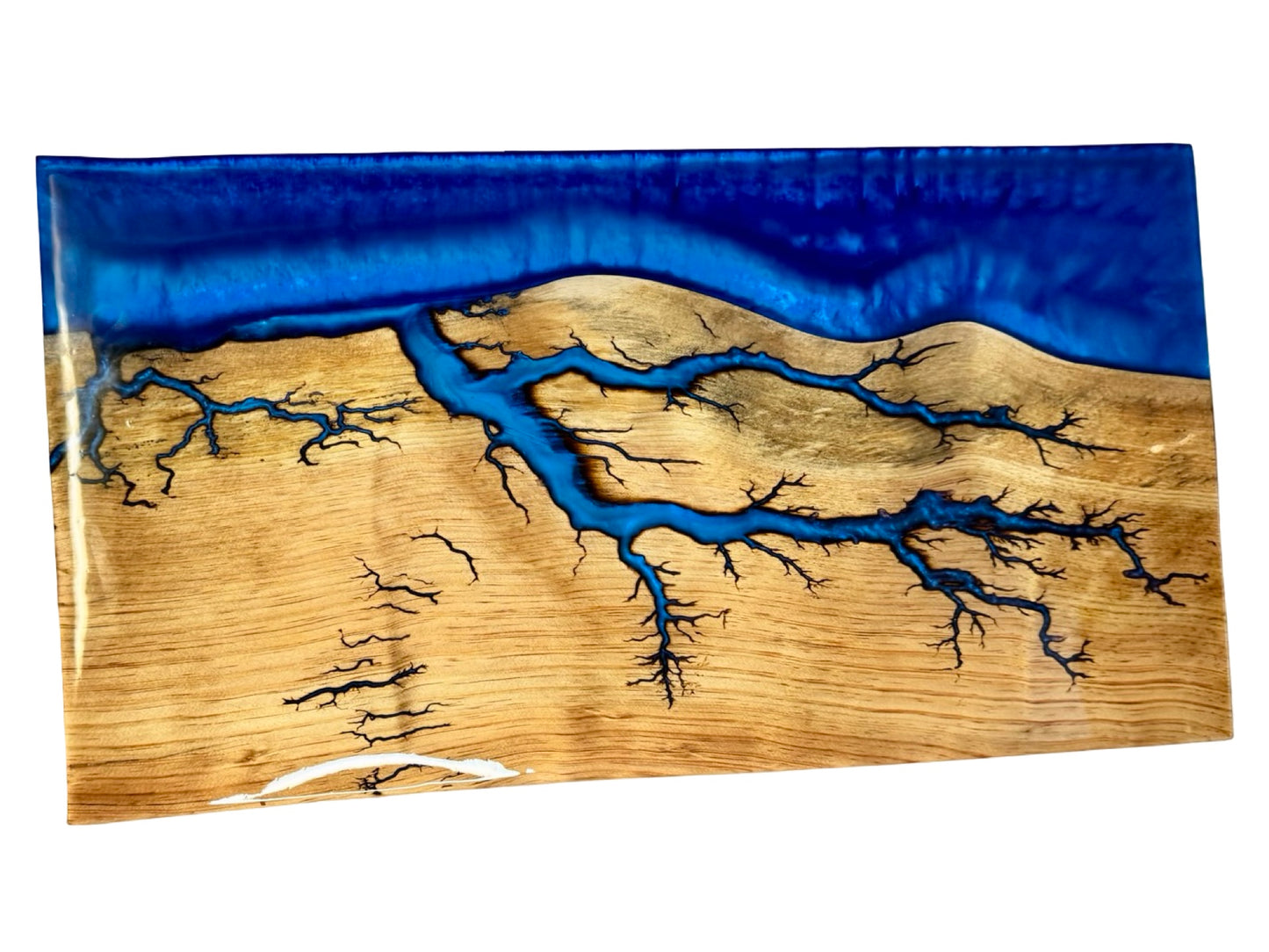 limited edition premium resin board ith sapphire blue resin and fractal burning art by fractal flow designs